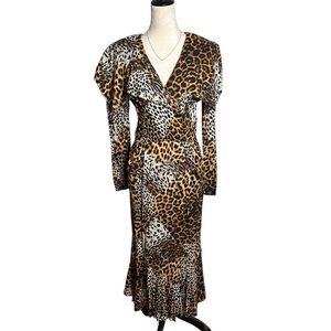 80s Vintage Choon‎ California Mixed Patchwork Leopard Print Retro Midi Dress M